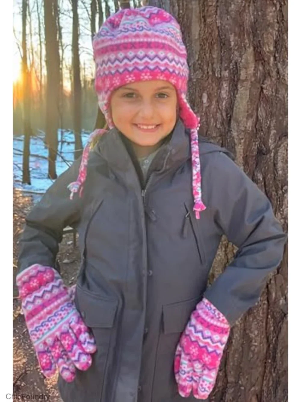 Kids Fleece Winter Hat and Gloves Set Sherpa Lined
